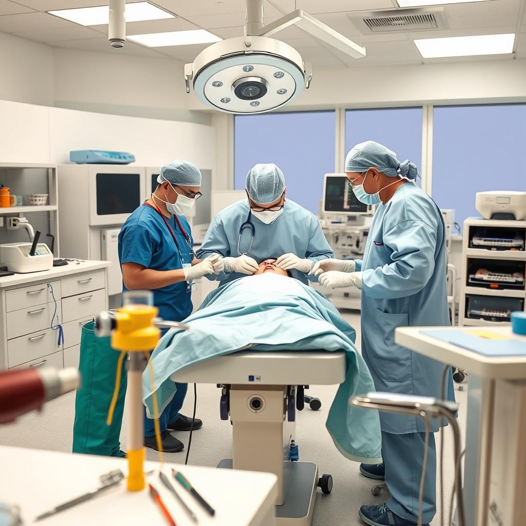 A detailed scene of a biology surgery taking place in a modern medical laboratory