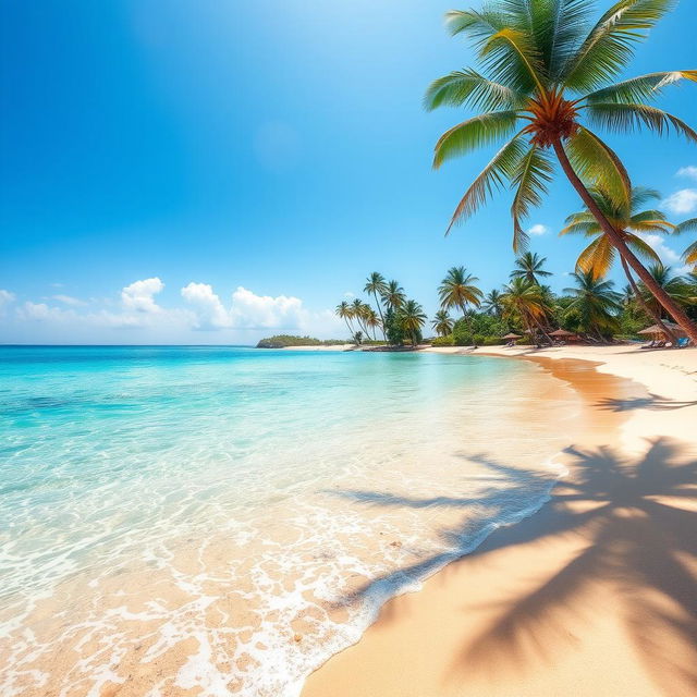 A beautiful beach scene with golden sands, crystal clear blue waters, and a bright sunny sky