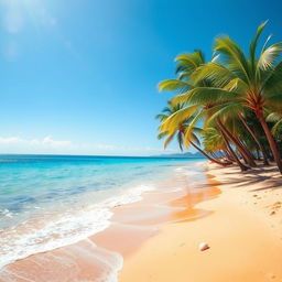 A beautiful beach scene with golden sands, crystal clear blue waters, and a bright sunny sky