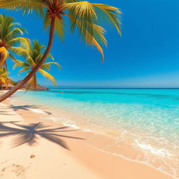 A beautiful beach scene with golden sands, crystal clear blue waters, and a bright sunny sky