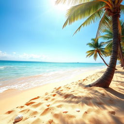 A beautiful beach scene with golden sands, crystal clear blue waters, and a bright sunny sky