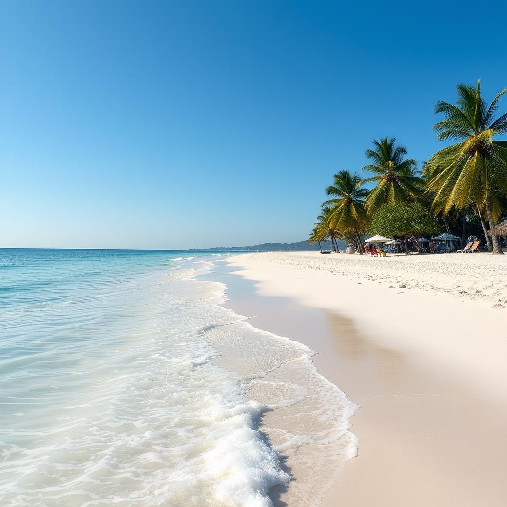 A serene beach with soft white sand, turquoise waters, and a clear blue sky