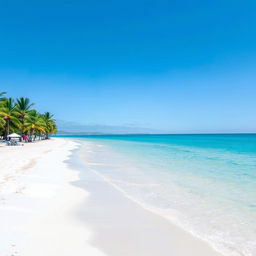 A serene beach with soft white sand, turquoise waters, and a clear blue sky