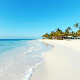 A serene beach with soft white sand, turquoise waters, and a clear blue sky