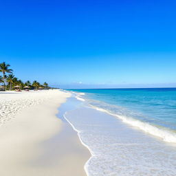 A serene beach with soft white sand, turquoise waters, and a clear blue sky