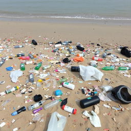 A beach scene with a lot of trash scattered around