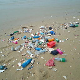 A beach scene with a lot of trash scattered around