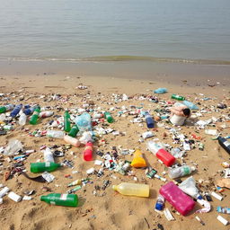 A beach scene with a lot of trash scattered around