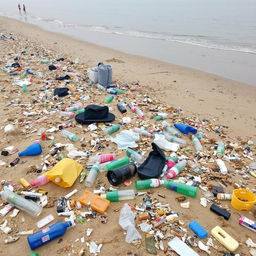 A beach scene with a lot of trash scattered around