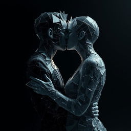 A poignant and emotional image of two broken souls intertwined together in a kiss