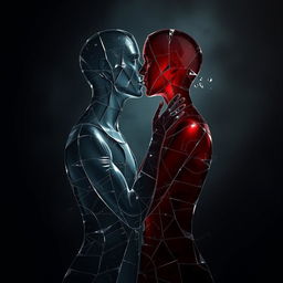 A poignant and emotional image of two broken souls intertwined together in a kiss