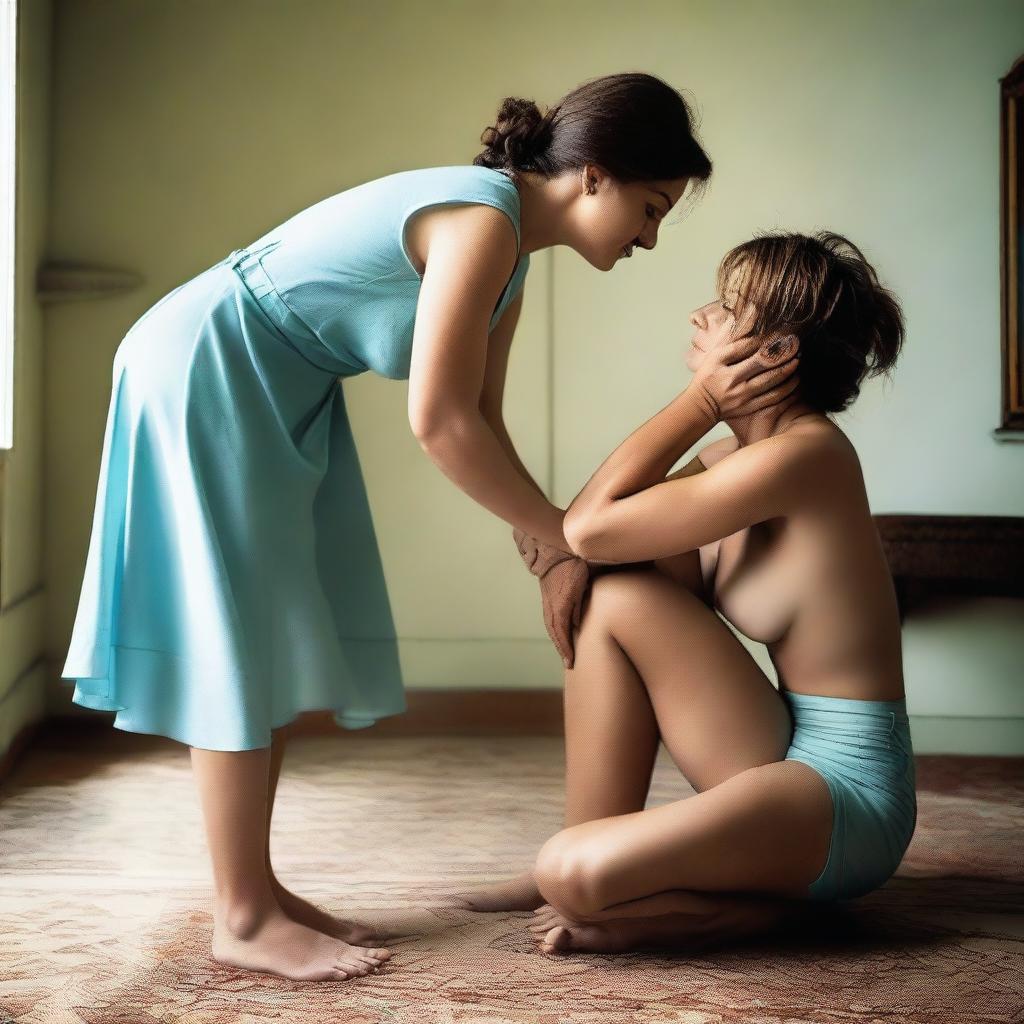 Create an image of a 38-year-old woman wearing a short, sexy light blue dress