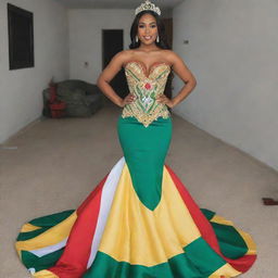 A stunning mermaid pageant dress showcasing the colors of the Guyana flag - green, white, gold, and red - with impressive detail and elegance.