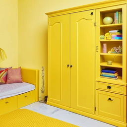 A light yellow room featuring a cosy bed, a study table, a bookshelf, a cupboard, a small sofa, and a beautifully detailed Ganesha fountain.