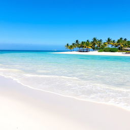 A serene beach with soft white sand, turquoise waters, and a clear blue sky