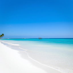 A serene beach with soft white sand, turquoise waters, and a clear blue sky