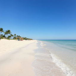 A serene beach with soft white sand, turquoise waters, and a clear blue sky