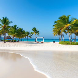 A serene beach with soft white sand, turquoise waters, and a clear blue sky