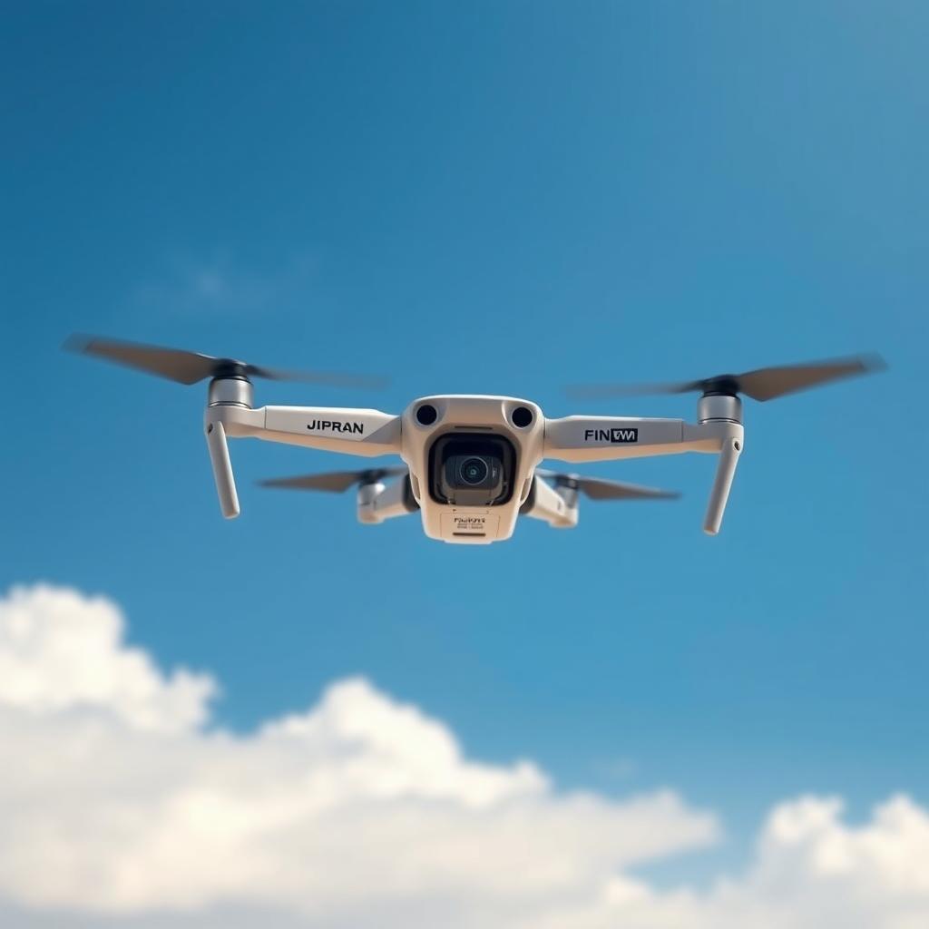 Create an image of a drone flying in the sky during a sunny day