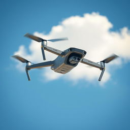 Create an image of a drone flying in the sky during a sunny day