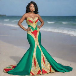 A stunning mermaid pageant dress showcasing the colors of the Guyana flag - green, white, gold, and red - with impressive detail and elegance.