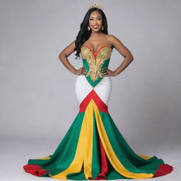 A stunning mermaid pageant dress showcasing the colors of the Guyana flag - green, white, gold, and red - with impressive detail and elegance.