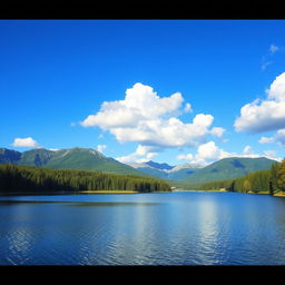 A beautiful landscape featuring a serene lake surrounded by lush green trees and mountains in the background under a clear blue sky with fluffy white clouds