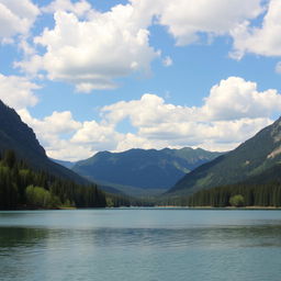 A beautiful landscape featuring a serene lake surrounded by lush green trees and mountains in the background under a clear blue sky with fluffy white clouds