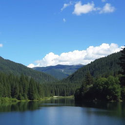 A beautiful landscape featuring a serene lake surrounded by lush green trees and mountains in the background under a clear blue sky with fluffy white clouds