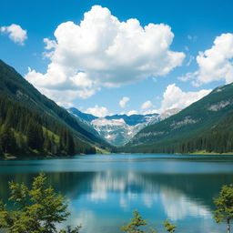 A beautiful landscape featuring a serene lake surrounded by lush green trees and mountains in the background under a clear blue sky with fluffy white clouds