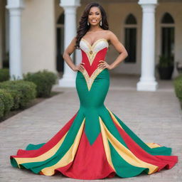 A stunning mermaid pageant dress showcasing the colors of the Guyana flag - green, white, gold, and red - with impressive detail and elegance.