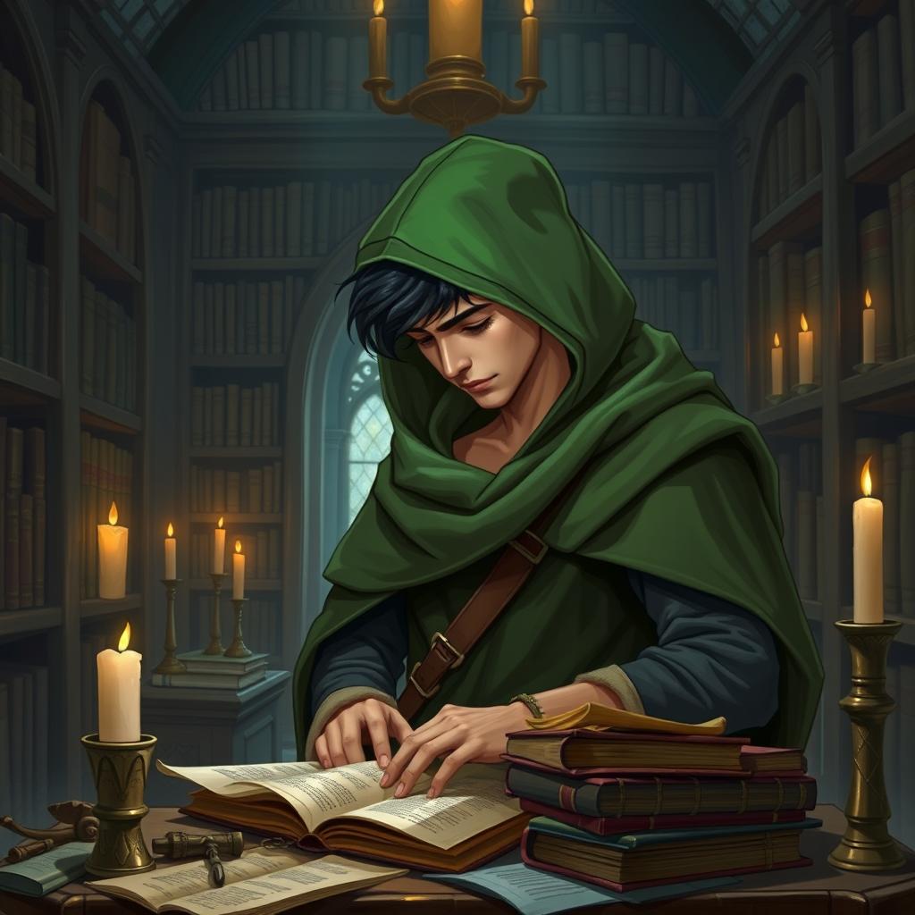 A young man, around 20 years old, wearing a green hood and green cloak, stands in a dimly lit library