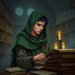 A young man, around 20 years old, wearing a green hood and green cloak, stands in a dimly lit library