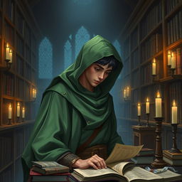 A young man, around 20 years old, wearing a green hood and green cloak, stands in a dimly lit library