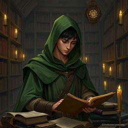 A young man, around 20 years old, wearing a green hood and green cloak, stands in a dimly lit library