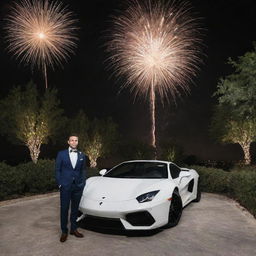 A classy and modern scene for Tyler's exclusive 30th birthday celebration featuring Tyler, exotic cars, high-end watches, and fireworks. Make sure the number 30 is nicely integrated within the setup.