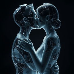 A poignant and emotional image of two broken souls intertwined together in a kiss