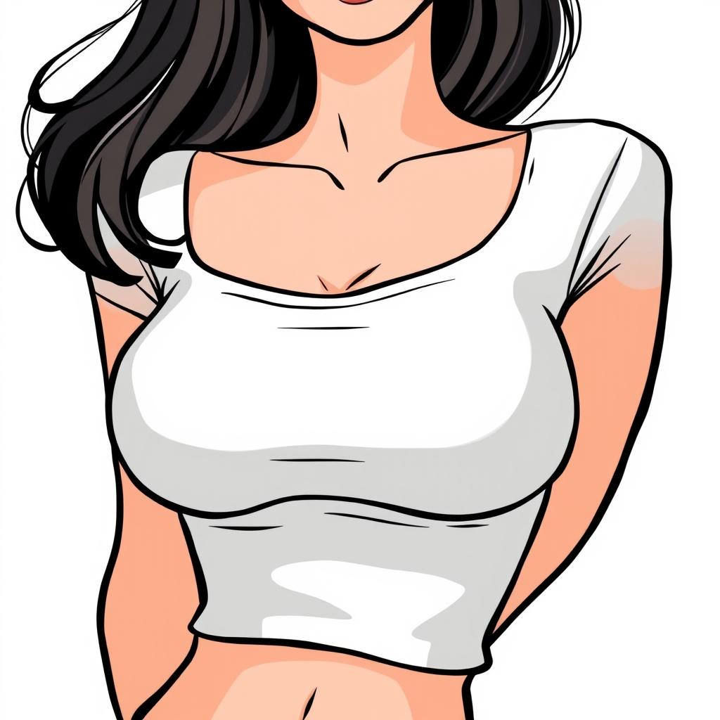 A stylized illustration of a woman wearing a tight-fitting top, emphasizing her chest