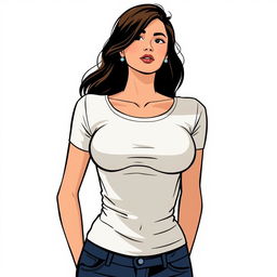 A stylized illustration of a woman wearing a tight-fitting top, emphasizing her chest