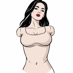 A stylized illustration of a woman wearing a tight-fitting top, emphasizing her chest