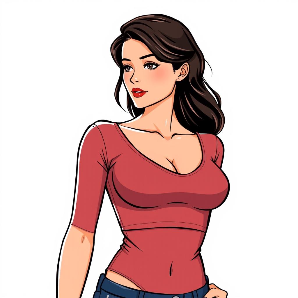 A stylized illustration of a woman wearing a tight-fitting top, emphasizing her chest