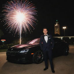 A classy and modern scene for Tyler's exclusive 30th birthday celebration featuring Tyler, exotic cars, high-end watches, and fireworks. Make sure the number 30 is nicely integrated within the setup.