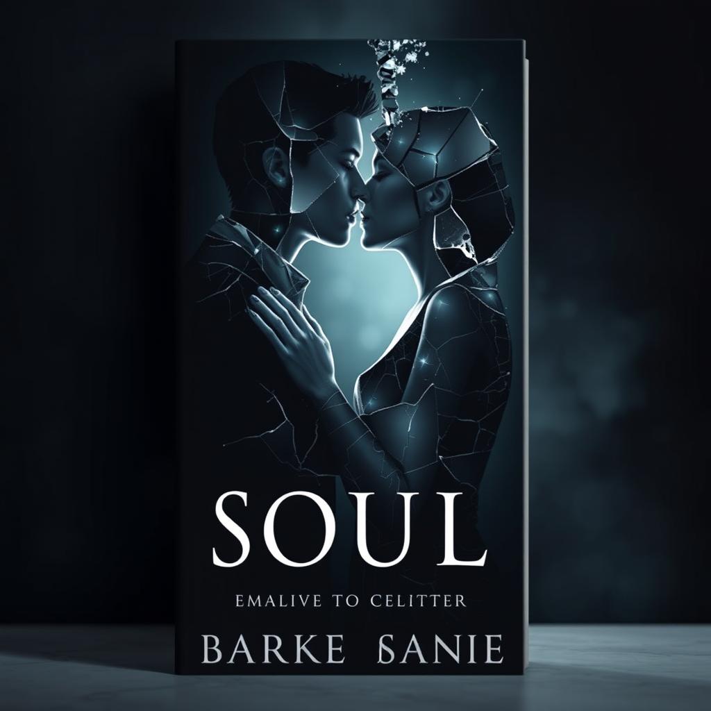 Create a book cover featuring two broken souls intertwined together in a kiss