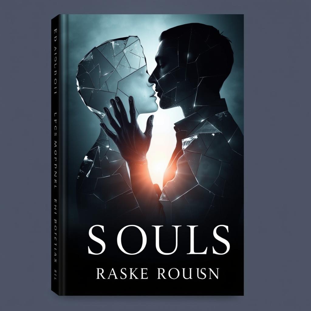 Create a book cover featuring two broken souls intertwined together in a kiss