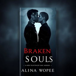 Create a book cover featuring two broken souls intertwined together in a kiss