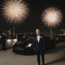 A classy and modern scene for Tyler's exclusive 30th birthday celebration featuring Tyler, exotic cars, high-end watches, and fireworks. Make sure the number 30 is nicely integrated within the setup.