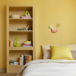 A soft light yellow room, complete with a cozy bed, functional study table, bookshelf filled with books, and a spacious cupboard.