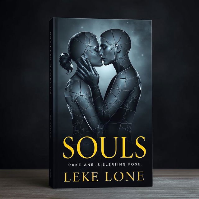 Design a book cover featuring two broken souls intertwined together in a kiss