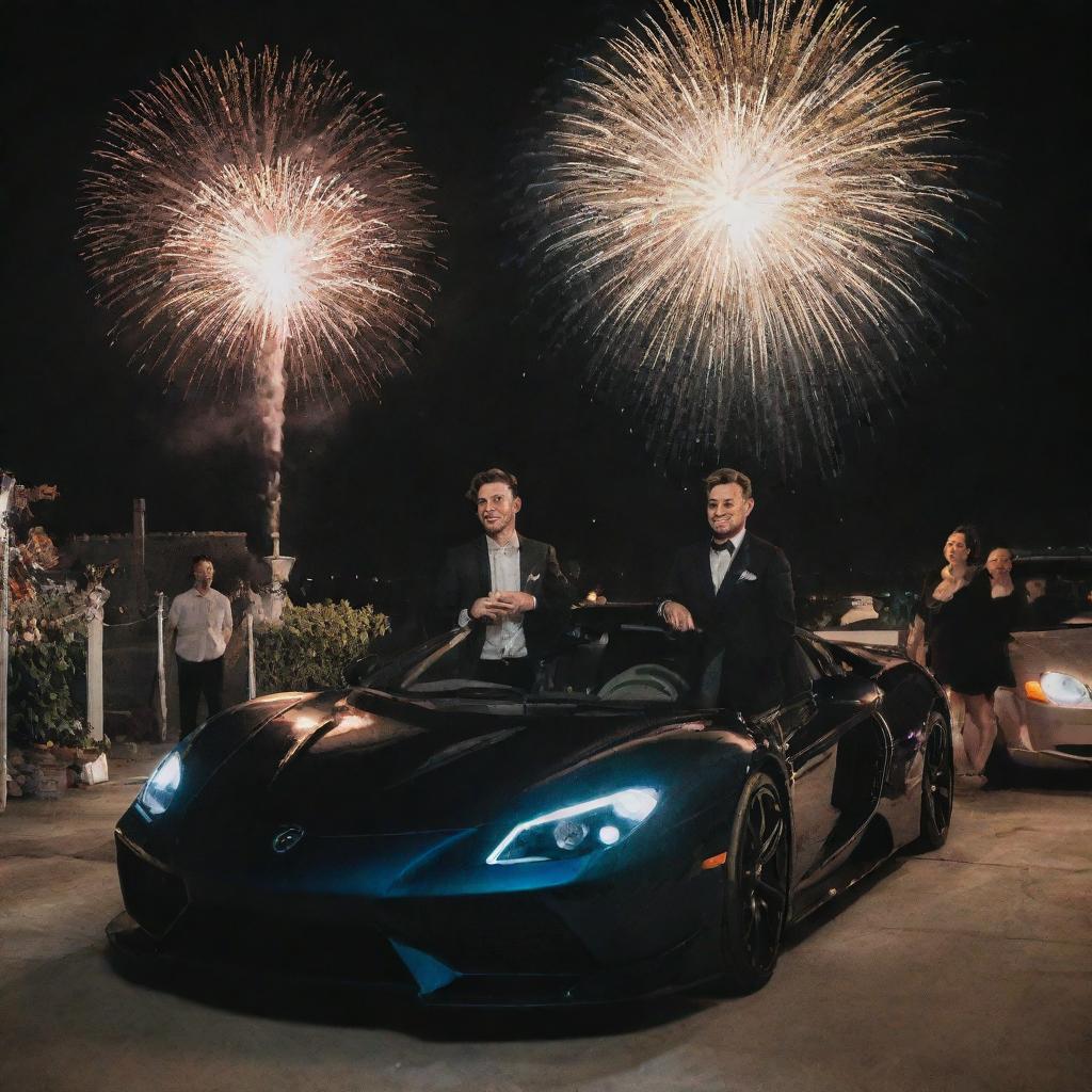 A classy and modern scene for Tyler's exclusive 30th birthday celebration featuring Tyler, exotic cars, high-end watches, and fireworks. Make sure the number 30 is nicely integrated within the setup.