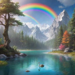 Create a fantastical scene with mythical creatures, a serene forest, and a rainbow over a crystal clear lake.